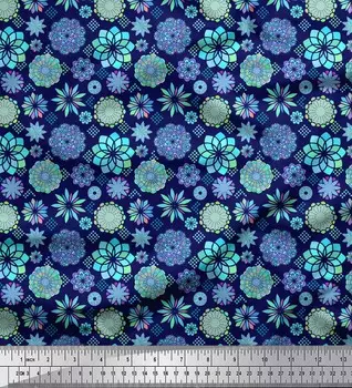 Синяя японская креп-сатиновая ткань Soimoi, синяя ткань с принтом мандалы, 42 дюйма по метрам 42 Inch Wide - Poly Crepe синий