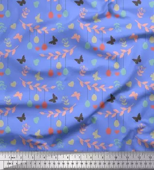 Синяя японская креп-сатиновая ткань Soimoi, ткань с пасхальным принтом бабочки, сердца и яйца, 42 дюйма на метр 42 Inch Wide - Poly Crepe синий