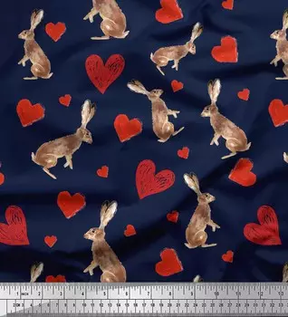 Синяя японская креп-сатиновая ткань Soimoi, ткань с принтом кролика и сердца, 42 дюйма по метрам 42 Inch Wide - Poly Crepe синий