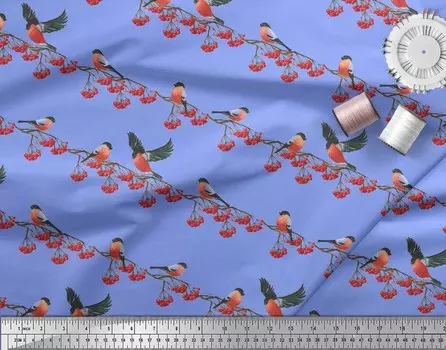 Синяя японская креп-сатиновая ткань Soimoi, ткань с принтом красных ягод и снегирей, 1 метр 42 дюйма 42 Inch Wide - Poly Crepe синий
