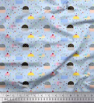 Синяя японская креп-сатиновая ткань Soimoi, ткань с принтом в виде еды для кексов, 42 дюйма на метр 42 Inch Wide - Poly Crepe зелёный