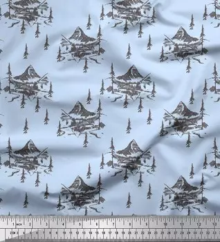 Синяя японская креп-сатиновая ткань Soimoi, ткань с принтом из кедра и горного дерева, 1 метр 42 дюйма 42 Inch Wide - Poly Crepe синий