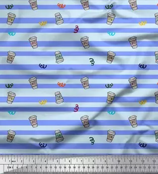 Синяя японская креп-сатиновая ткань Soimoi, ткань с принтом кофейных чашек и полосок, 42 дюйма по метрам 42 Inch Wide - Poly Crepe синий