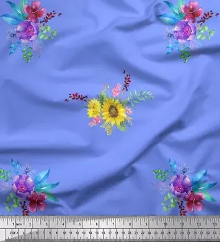 Синяя японская креп-сатиновая ткань Soimoi, ткань с цветочным принтом подсолнечника и пиона, 1 метр 42 дюйма 42 Inch Wide - Poly Crepe синий