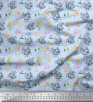 Синяя японская креп-сатиновая ткань Soimoi, ткань с принтом в виде еды и текста для кексов, 42 дюйма по метрам 42 Inch Wide - Poly Crepe синий