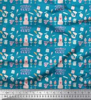 Синяя японская креп-сатиновая ткань Soimoi, ткань с принтом для кексов и вечеринок, 1 метр, 42 дюйма 42 Inch Wide - Poly Crepe синий