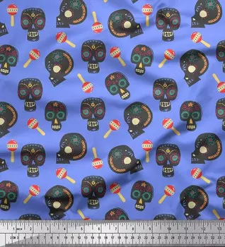 Синяя японская креп-сатиновая ткань Soimoi, ткань с принтом леденцов и племенных черепов, 1 метр 42 дюйма 42 Inch Wide - Poly Crepe синий