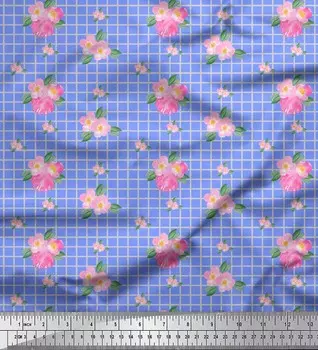 Синяя японская креп-сатиновая ткань Soimoi, ткань с принтом в клетку и барвинок, 1 метр, 42 дюйма 42 Inch Wide - Poly Crepe синий