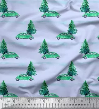 Синяя японская креп-сатиновая ткань Soimoi, ткань с принтом автомобилей и кедра, 1 метр, 42 дюйма 42 Inch Wide - Poly Crepe синий