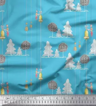 Синяя японская креп-сатиновая ткань Soimoi в полоску, колокольчик и елка с рождественским принтом, ткань для рукоделия шириной 42 дюйма по метрам 42 Inch Wide - Poly Crepe синий
