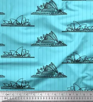 Синяя японская креп-сатиновая ткань Soimoi в полоску и ткань для рукоделия с архитектурным принтом Сиднейского оперного театра шириной 42 дюйма по метрам 42 Inch Wide - Poly Crepe коричневый