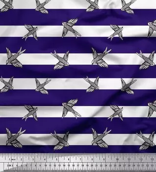 Синяя японская креп-сатиновая ткань Soimoi в полоску и с принтом летающих быстрых птиц, 1 метр 42 дюйма 42 Inch Wide - Poly Crepe синий