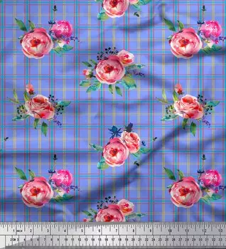 Синяя японская креп-сатиновая ткань Soimoi в клетку и с цветочным принтом, метр 42 дюйма 42 Inch Wide - Poly Crepe синий