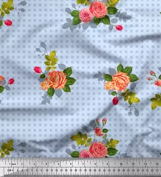 Синяя японская креп-сатиновая ткань Soimoi в горошек и розы Grandiflora с цветочным принтом, 42 дюйма по метрам 42 Inch Wide - Poly Crepe синий