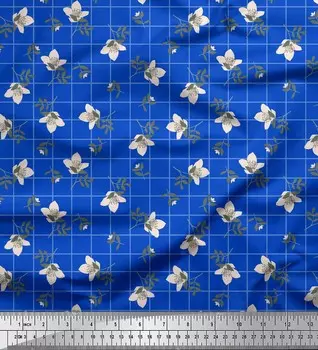 Синяя японская креп-сатиновая ткань Soimoi в клетку и кардамин с цветочным принтом, 42 дюйма по метрам 42 Inch Wide - Poly Crepe синий