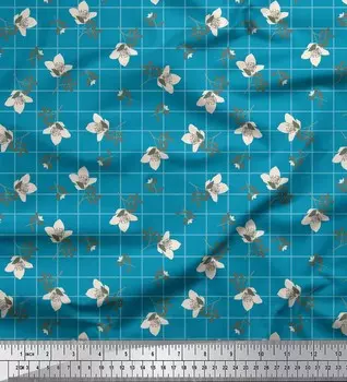 Синяя японская креп-сатиновая ткань Soimoi в клетку и кардамин с цветочным декором, ткань с принтом, 42 дюйма 42 Inch Wide - Poly Crepe синий