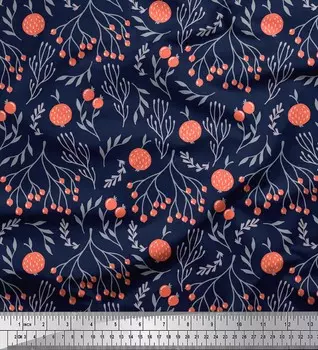 Синяя японская креп-сатиновая ткань Soimoi, ветка и красные ягоды, фрукты, ткань с принтом на метр, 42 дюйма 42 Inch Wide - Cotton Voile синий