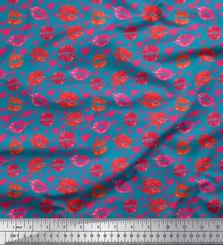 Синяя японская креп-сатиновая ткань Soimoi, женская ткань для рукоделия с принтом в виде сердечек и губ, 42 дюйма, по метрам 42 Inch Wide - Poly Crepe синий