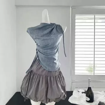 Синяя рубашка без рукавов со шнуровкой и бантом для женщин, лето 2024 г., новый облегающий крой, утягивающий полувысокий воротник, популярный топ S синий