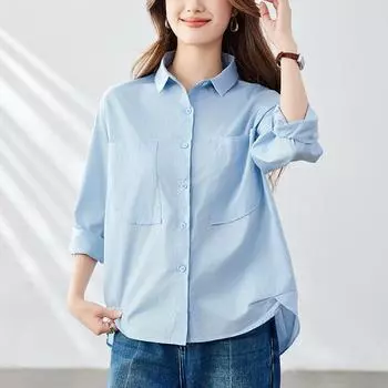 Синяя рубашка для женская с длинным рукавом весна и осень новый дизайн нишевая женская рубашка из чистого хлопка M синий