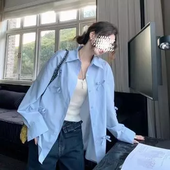 Синяя рубашка с 3D-бантом для женщин, женская шикарная универсальная повседневная рубашка с лацканами, однотонная, с длинным рукавом, женская однобортная рубашка S небесно-голубой