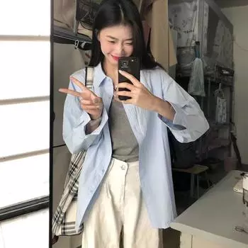 Синяя рубашка, топ, солнцезащитный костюм, повседневное пальто Весенне-осенний кардиган Свободная универсальная рубашка с длинными рукавами Лето S синий