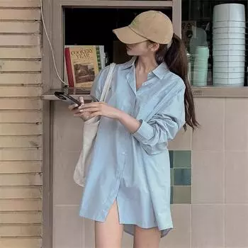 Синяя рубашка-топ женская осенняя дизайнерская ленивая стильная свободная рубашка средней длины с длинными рукавами S