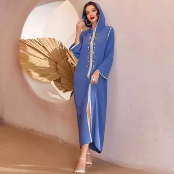 Синяя ручная вышивка со стразами и серебряной тесьмой с капюшоном Свободное мусульманское платье S синий