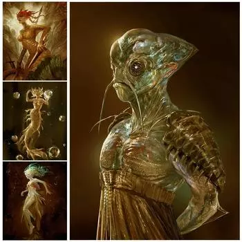 Синяя Русалка и глубоководный рыбочеловек, настенная живопись на холсте, волшебные подводные существа, постер и принты, домашний декор без рамки 21*30cm