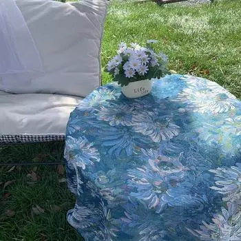 Синяя скатерть в стиле масляной живописи Моне с цветочным рисунком, ретро-плотная пылезащитная скатерть, подходящая для гостиной, улицы 90*140cm