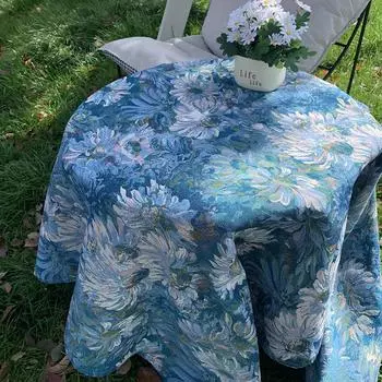 Синяя скатерть в стиле масляной живописи Моне с цветочным рисунком, ретро-плотная пылезащитная скатерть, подходящая для гостиной, улицы 90*140cm