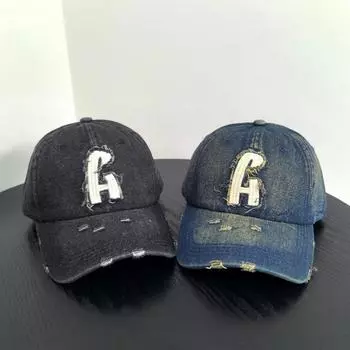Синяя солнцезащитная кепка с мягким верхом и язычком, бейсболка для мужчин и женщин 2025 года, ретро-стираная джинсовая кепка с алфавитом, старая рваная кепка M56-58cm чёрный