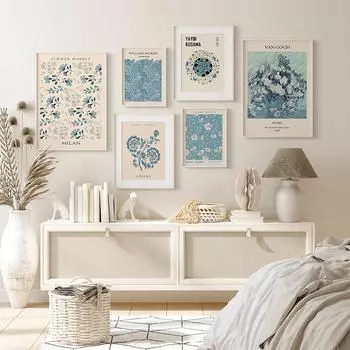 Синяя стена, современные принты, цветочный рынок, выставка, холст, живопись, модные художественные фотографии, Yayoi, абстрактный Ван Гог, ваза, декор, постер 21x30cm No Framed