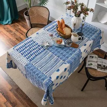 Синяя строчка с геометрическим принтом, простая хлопковая и льняная скатерть для обеденного стола, ресторанная кухонная ткань, скатерть 70*70 синий
