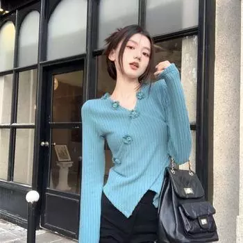 Синяя трикотажная рубашка с нерегулярными цветочными узорами, осень/зима, однотонный модный свитер с v-образным вырезом, женский уникальный пуловер, топ