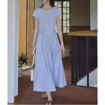 Синяя юбка на талии Простое повседневное платье с коротким рукавом Женское летнее хлопковое А-силуэтное платье S синий
