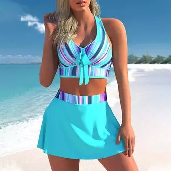Синяя юбка с принтом Купальник Женский бикини с высокой талией Купальники с крестом и бантом Сексуальная пляжная одежда Купальный костюм Biquini XL зелёный