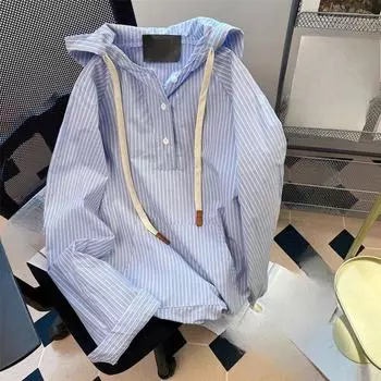 Синяя вертикальная полосатая женская толстовка с капюшоном в корейском стиле, простой длинный рукав, женский топ, свободный, на завязках, с карманом, пуловер M