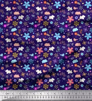 Синяя вискоза Soimoi с изображением медведя | Ткань с принтом в виде птиц и цветочных картинок в ярдах, 42 дюйма 42 Inch Wide - Viscose Chiffon темно-синий