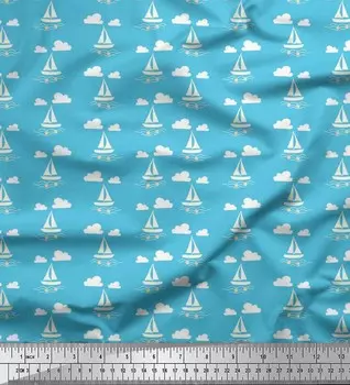 Синяя вискозная ткань Soimoi Cloud | Ткань с морским принтом «Рыба и яхта» от Yard 42 дюйма 42 Inch Wide - Viscose Chiffon бирюзовый синий