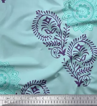 Синяя вискозная ткань Soimoi с узором пейсли | Листья и цветочная ткань с принтом мандалы в ярдах, 42 дюйма 42 Inch Wide - Viscose Chiffon светло-синий