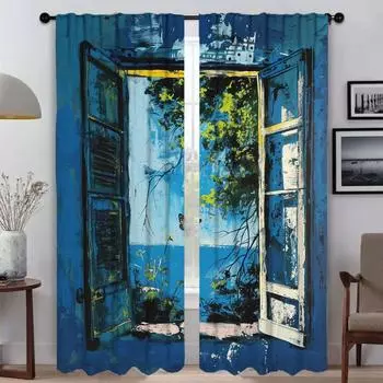 Синяя затемняющая штора для комнаты, 2 панели, занавески для домашнего интерьера, тюль для спальни, украшения на Хэллоуин W50xH70cmx2pcs-CL