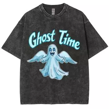 Синяя женская футболка с принтом мультяшного призрака, унисекс, стираный хлопок, круглый вырез, высокое качество, короткий рукав, летний базовый топ S