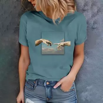 Синяя женская повседневная футболка ручной работы с художественным дизайном - Современный художественный стиль, лето с коротким рукавом S