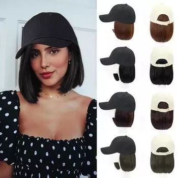 Синтетическая короткая прямая повязка для волос, черно-белая бейсболка, натуральный цвет, коричневая шапка для волос «боб», парик, женская регулируемая кепка