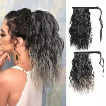 Синтетическая кукуруза волнистый длинный конский хвост для женщин шиньон обертывание вокруг накладных волос черный коричневый серый конский хвост