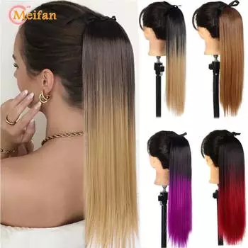 Синтетическая повязка, длинный прямой хвост, черный хвост, наращивание волос, обертывание вокруг клипсы, наращивание волос в хвосте для женщин