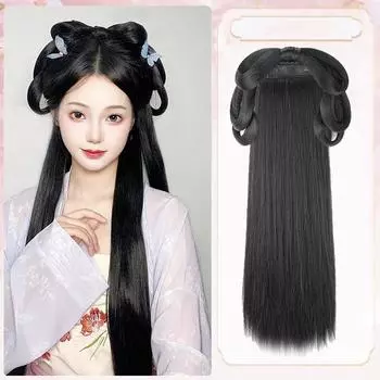 Синтетическая повязка на голову в древнем стиле ханьфу, интегрированная повязка на голову, парик для женщин в китайском стиле, накладка для волос, античное моделирование, косплей 1 PCS