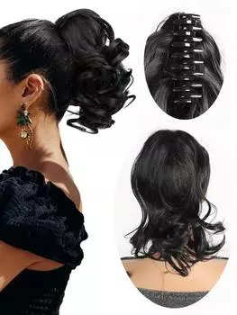 Синтетические 10-дюймовые заколки для наращивания хвоста, короткие свободные волнистые хвосты для наращивания волос Синтетические волосы для женщин для ежедневного использования (черный) 10inch