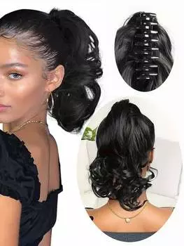 Синтетические 10-дюймовые заколки для наращивания хвоста, короткие свободные волнистые хвосты для наращивания волос Синтетические волосы для женщин для ежедневного использования (черный) 10inch